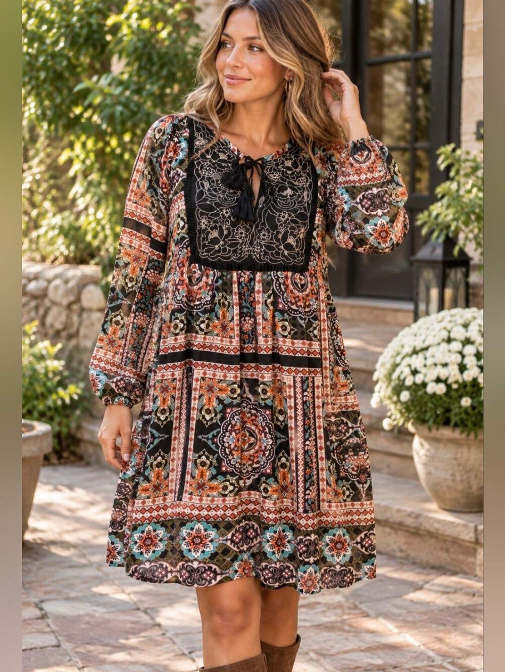 Xhilaration Size Large Boho Embroidered long sleeve lined fall dress hippie styl